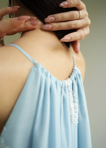 Loose Blue Embroidered Wrinkled Chiffon Long Dresses Sleeveless