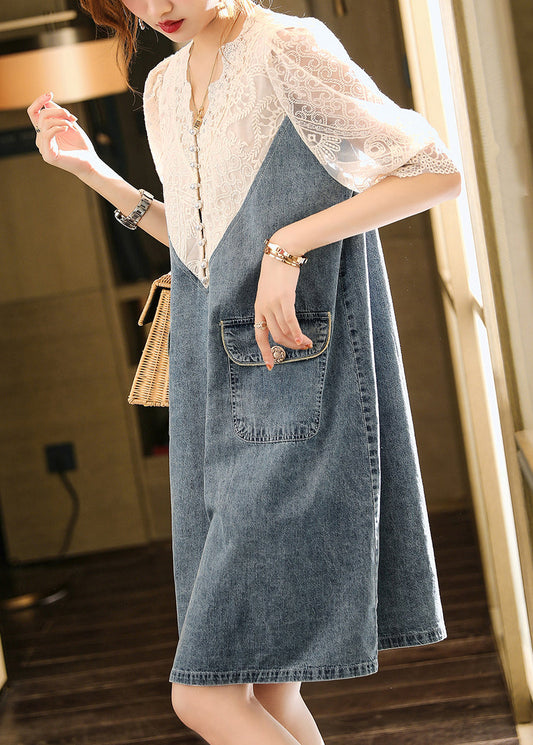 Loose Blue Embroideried Lace Patchwork Dress Half Sleeve