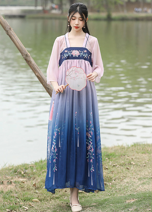 Loose Blue Embroideried Wrinkled Patchwork Chiffon Long Dresses Summer