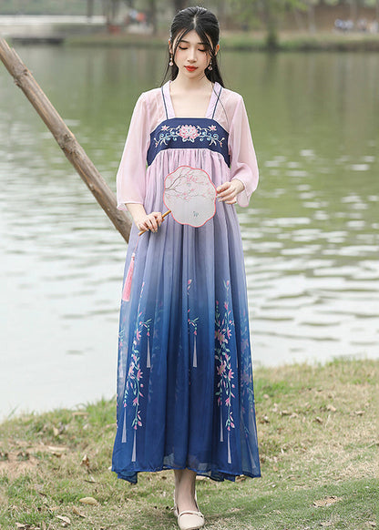 Loose Blue Embroideried Wrinkled Patchwork Chiffon Long Dresses Summer