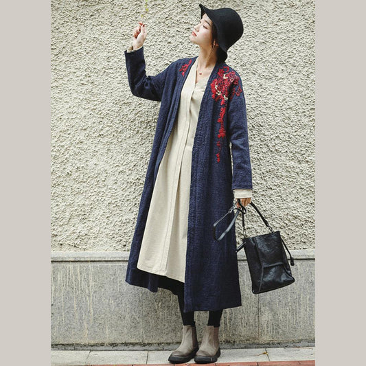 Loose Blue Embroidery Long side open Cotton Linen Coat For Women