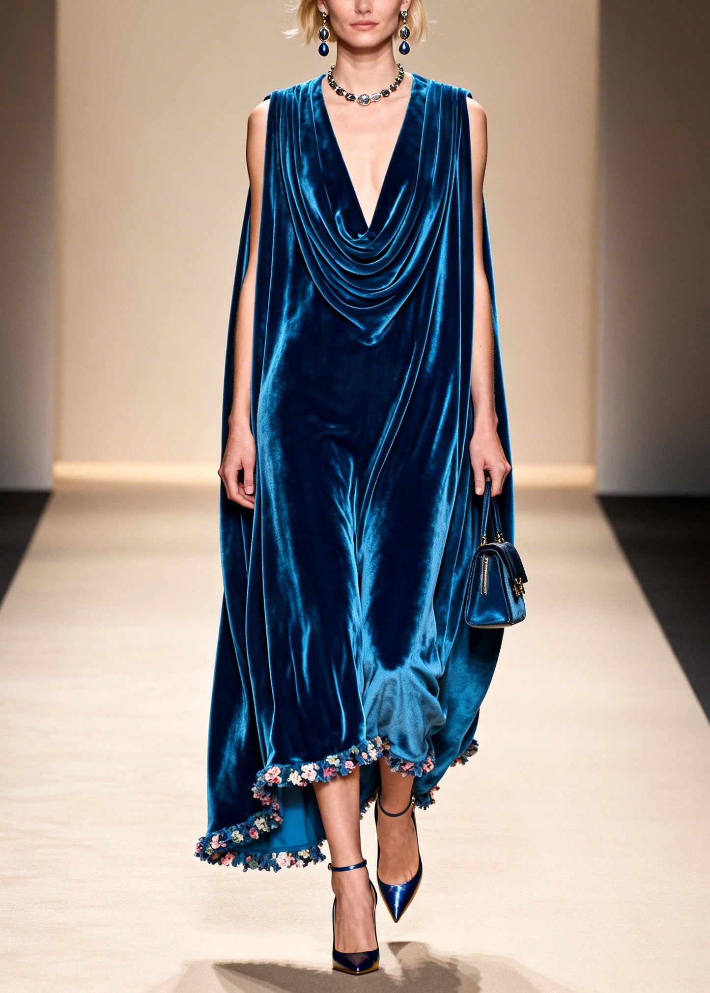Loose Blue Floral Patchwork Velvet Robe Dresses Sleeveless