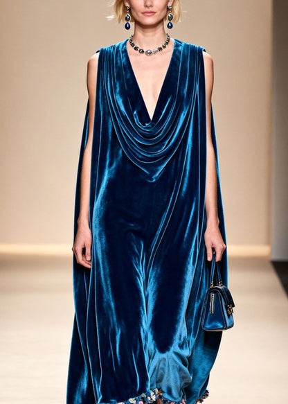 Loose Blue Floral Patchwork Velvet Robe Dresses Sleeveless