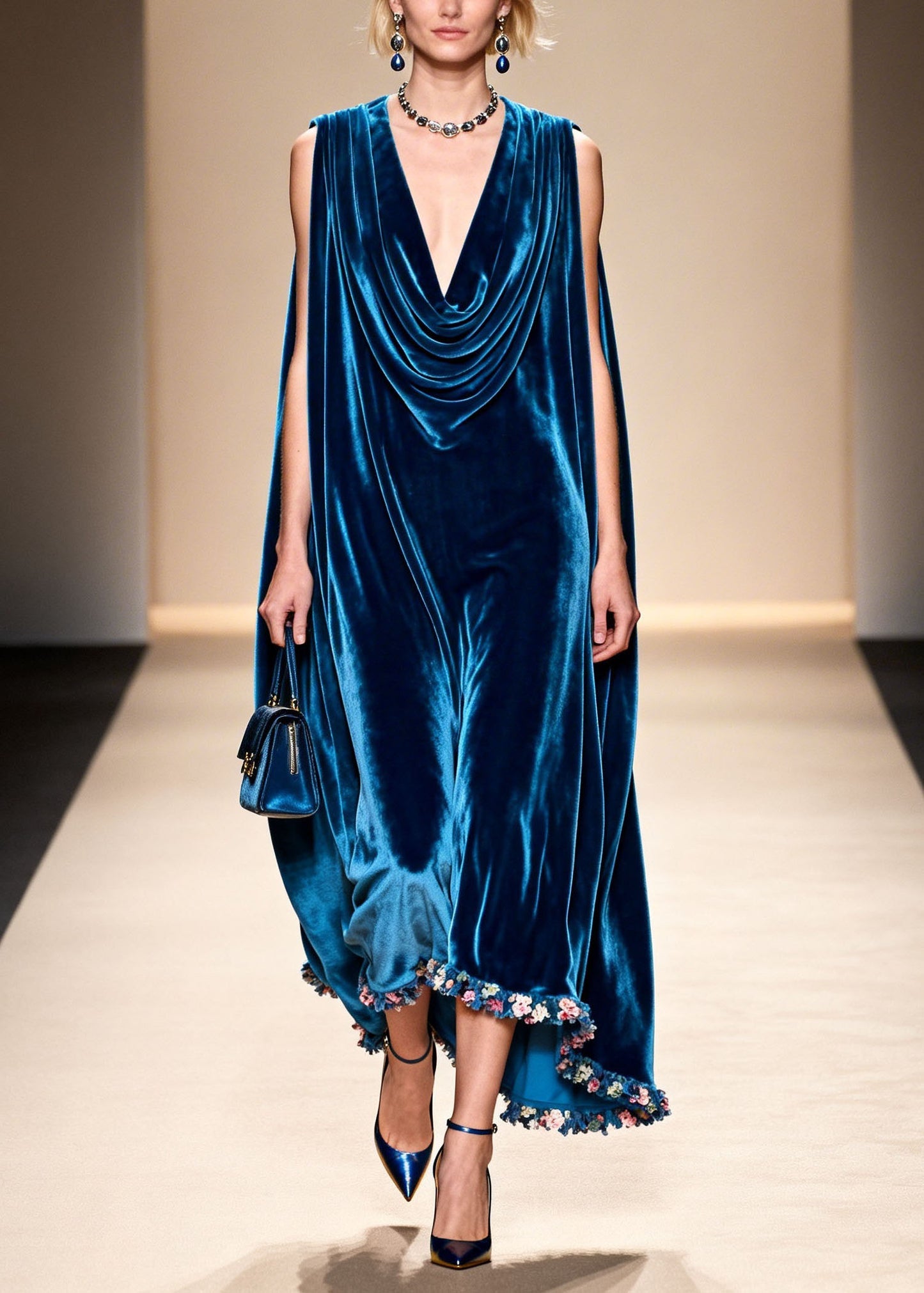 Loose Blue Floral Patchwork Velvet Robe Dresses Sleeveless