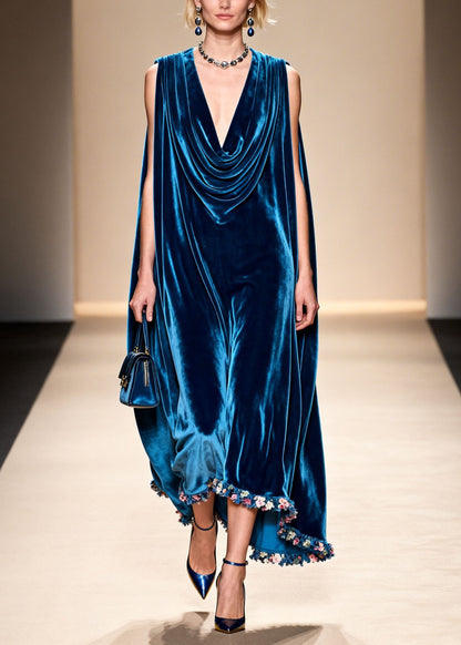 Loose Blue Floral Patchwork Velvet Robe Dresses Sleeveless