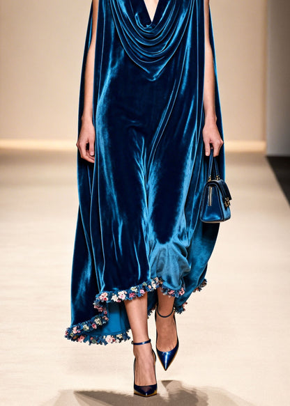 Loose Blue Floral Patchwork Velvet Robe Dresses Sleeveless