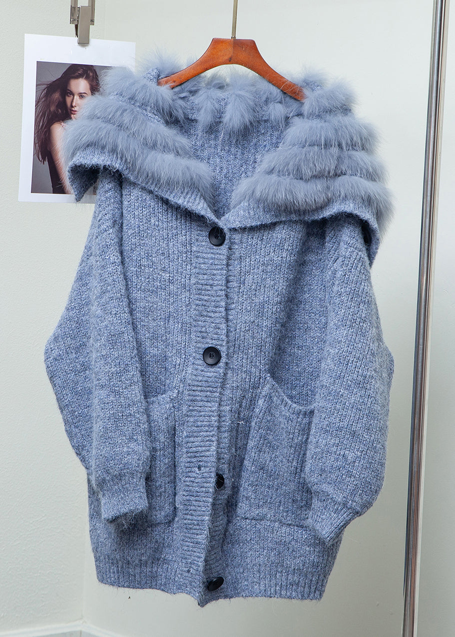 Loose Blue Fox Collar Button Pockets Patchwork Knit Coats Winter