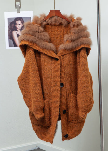 Loose Blue Fox Collar Button Pockets Patchwork Knit Coats Winter