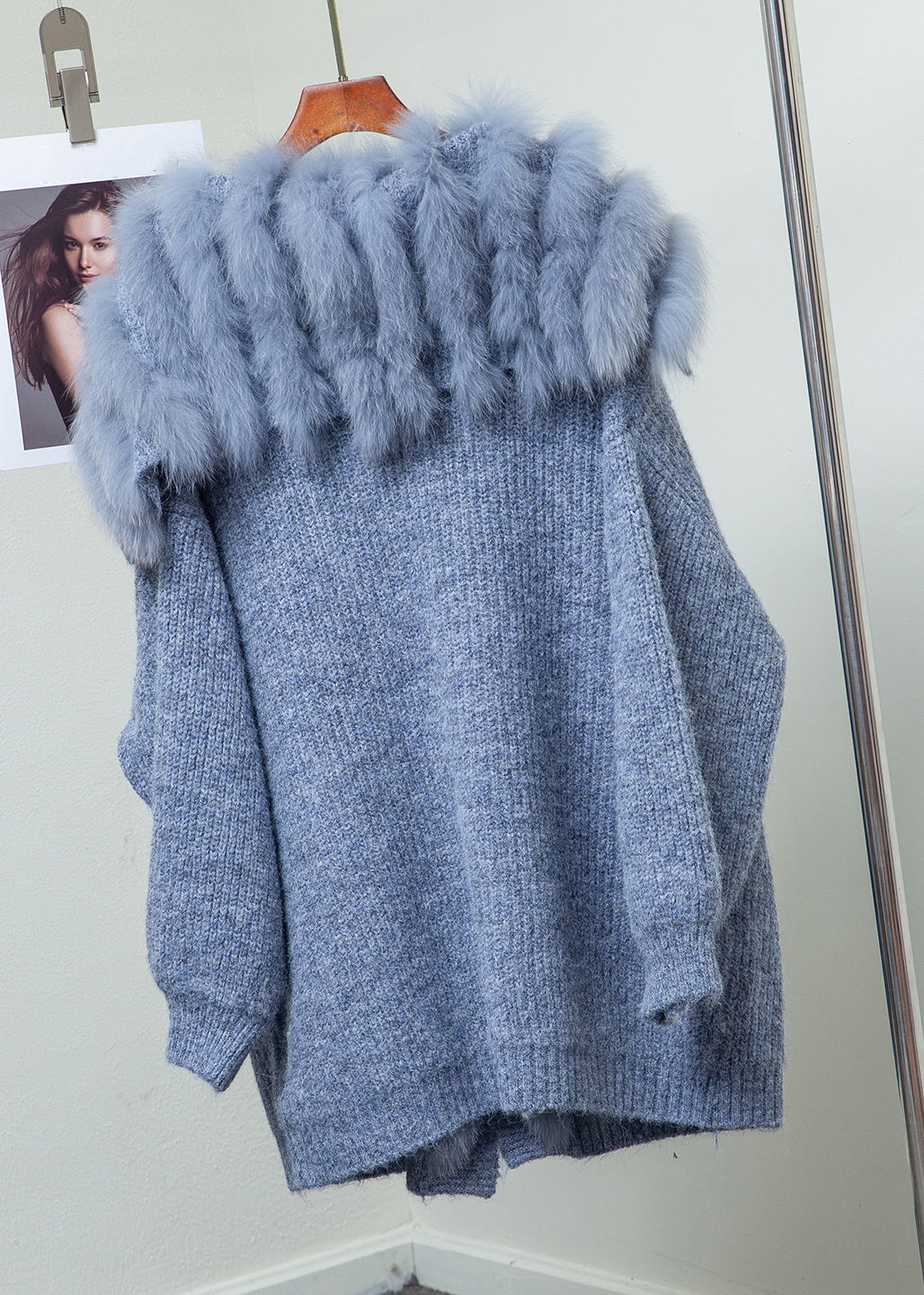 Loose Blue Fox Collar Button Pockets Patchwork Knit Coats Winter