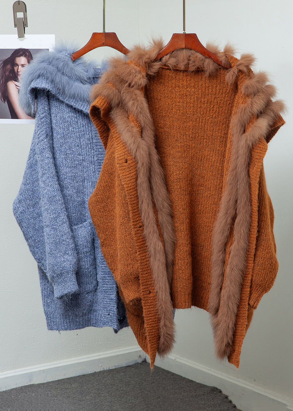 Loose Blue Fox Collar Button Pockets Patchwork Knit Coats Winter