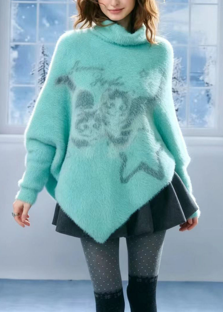 Loose Blue Green Turtleneck Cat Print Asymmetrical Sweaters Batwing Sleeve