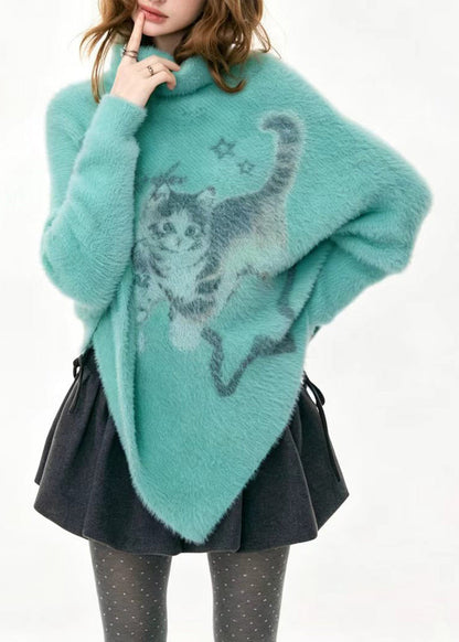 Loose Blue Green Turtleneck Cat Print Asymmetrical Sweaters Batwing Sleeve
