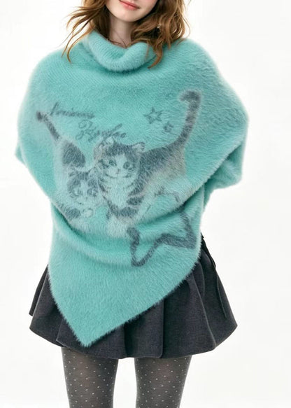 Loose Blue Green Turtleneck Cat Print Asymmetrical Sweaters Batwing Sleeve