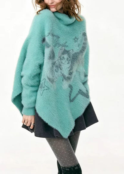 Loose Blue Green Turtleneck Cat Print Asymmetrical Sweaters Batwing Sleeve