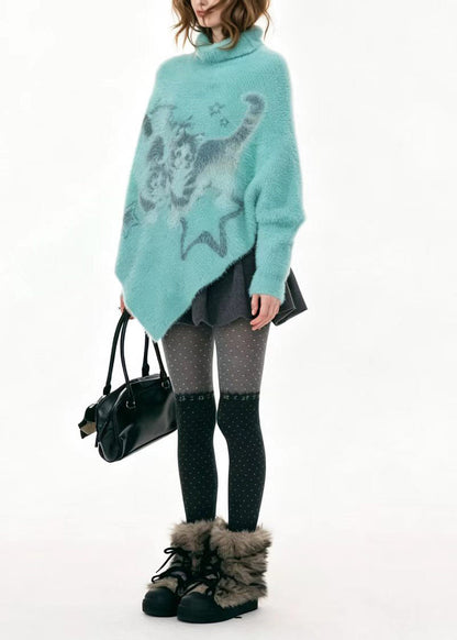 Loose Blue Green Turtleneck Cat Print Asymmetrical Sweaters Batwing Sleeve