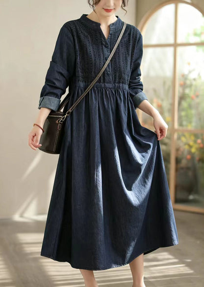 Loose Blue Half Placket Tie Waist Denim Long Dress Fall