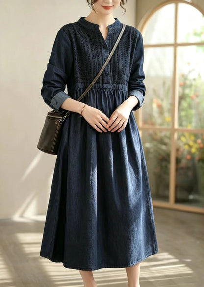 Loose Blue Half Placket Tie Waist Denim Long Dress Fall
