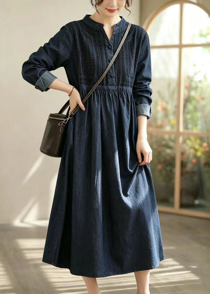 Loose Blue Half Placket Tie Waist Denim Long Dress Fall
