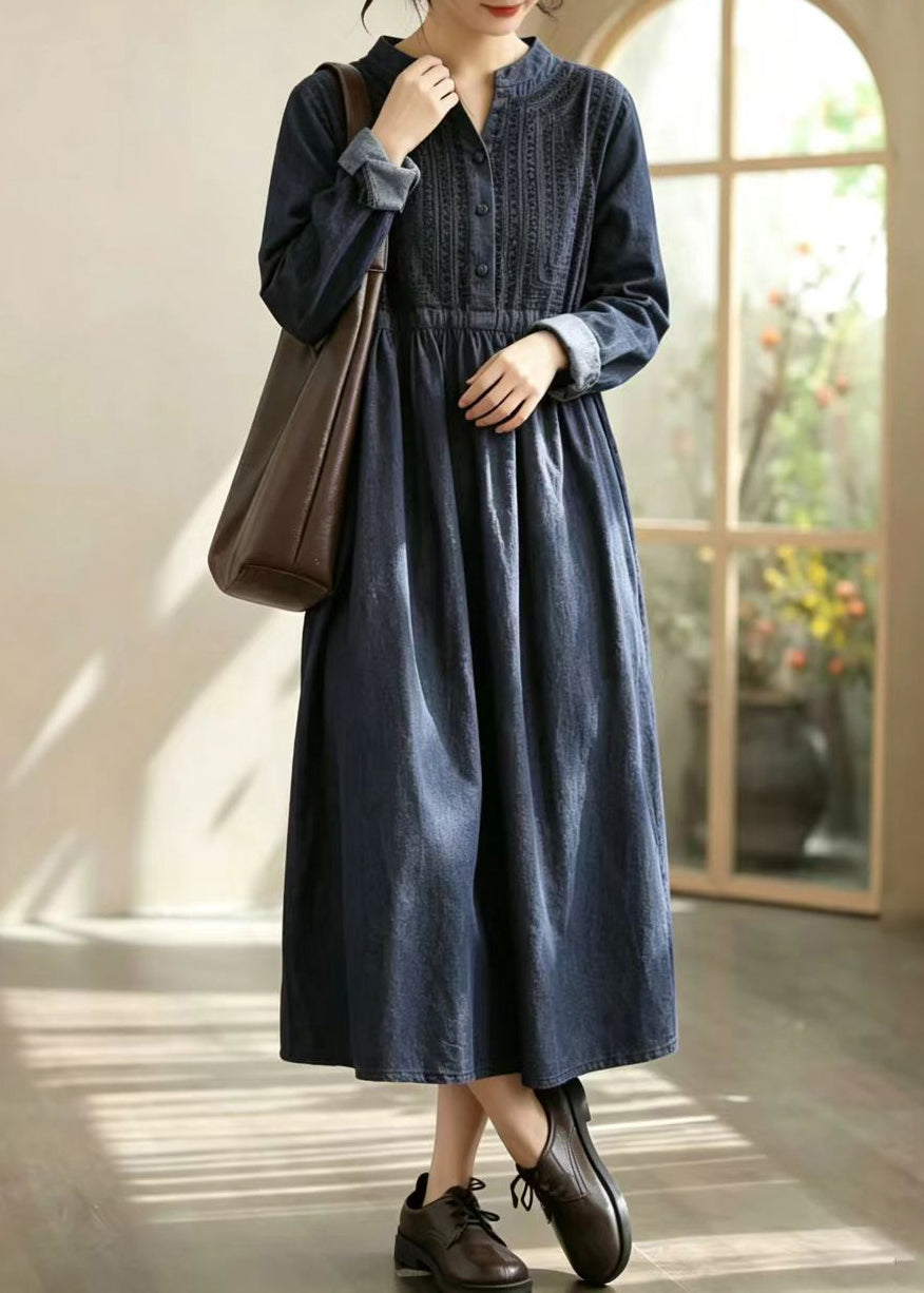 Loose Blue Half Placket Tie Waist Denim Long Dress Fall