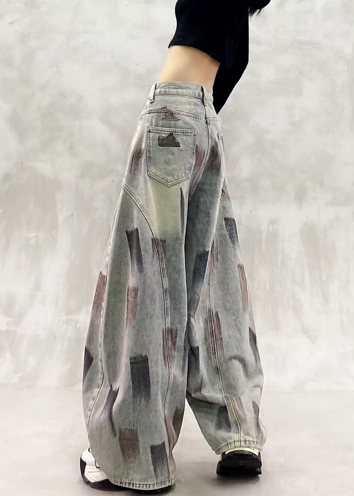 Loose Blue High Waist Paint Print Denim Curved Blade Pants Fall