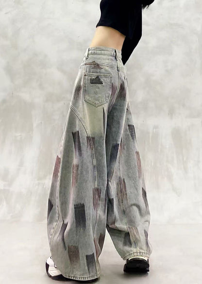 Loose Blue High Waist Paint Print Denim Curved Blade Pants Fall