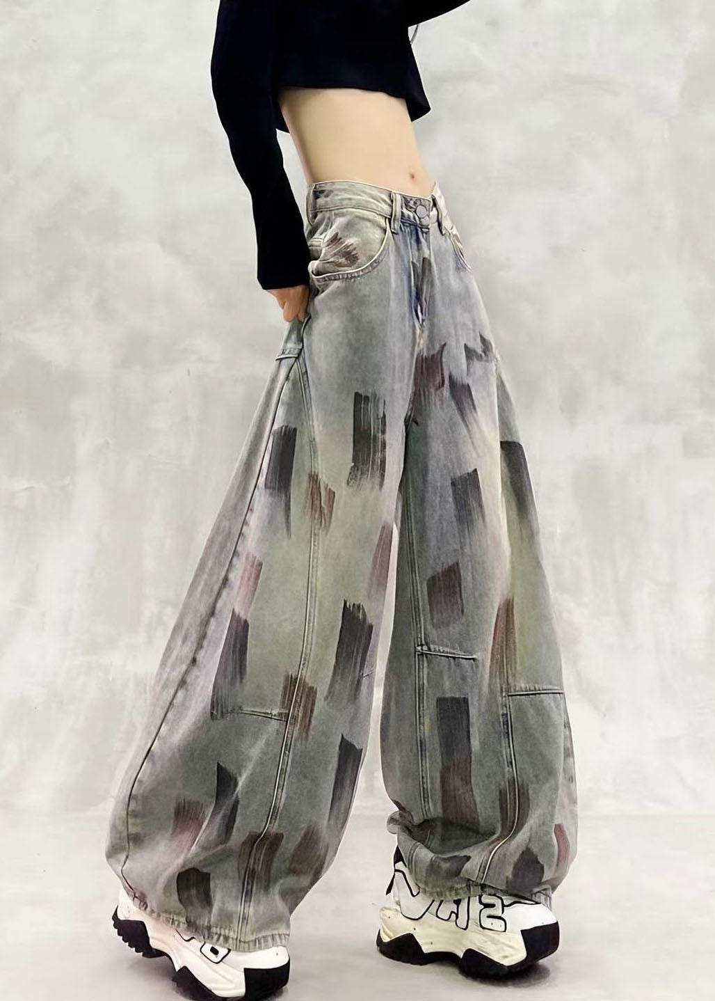 Loose Blue High Waist Paint Print Denim Curved Blade Pants Fall