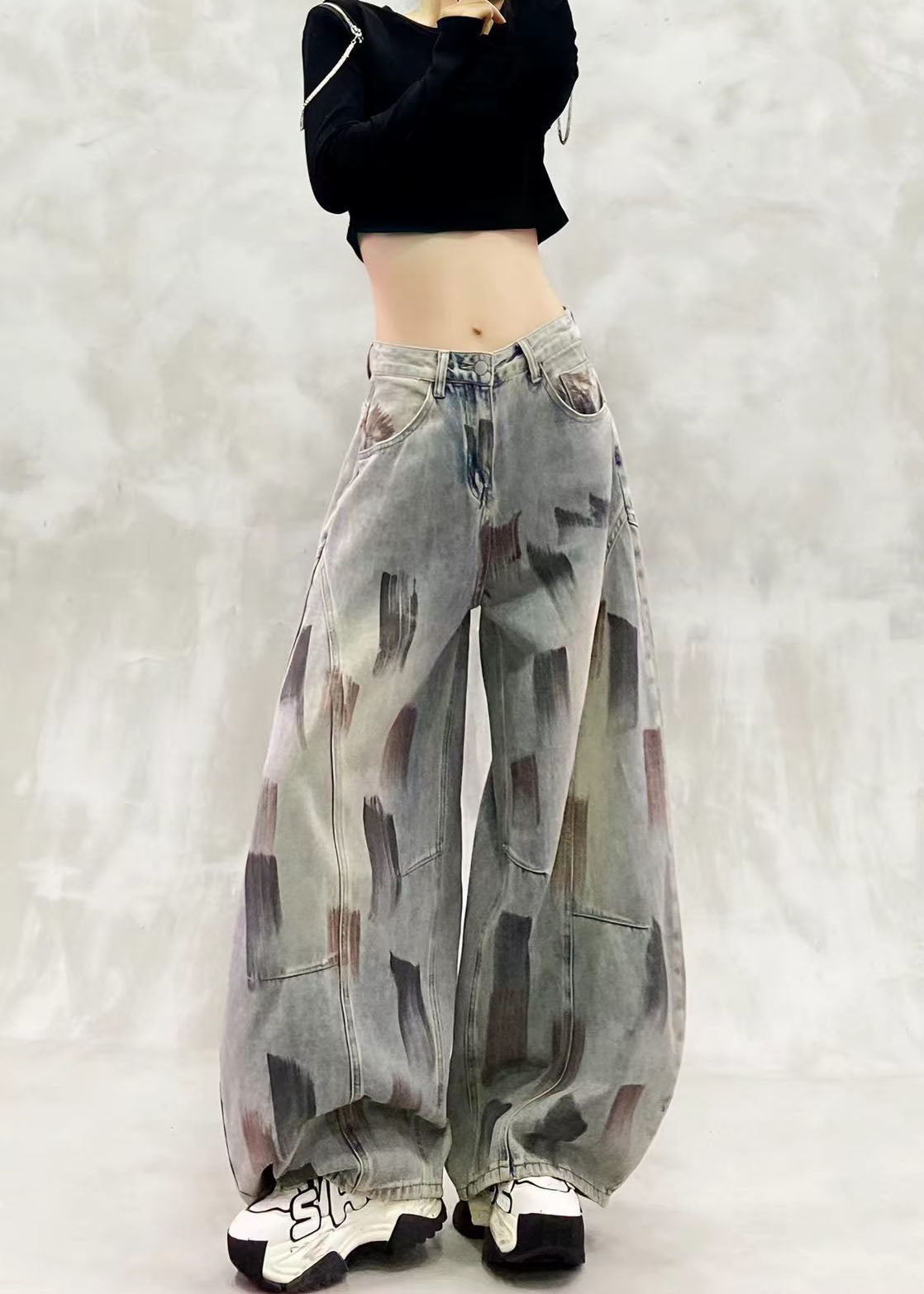 Loose Blue High Waist Paint Print Denim Curved Blade Pants Fall
