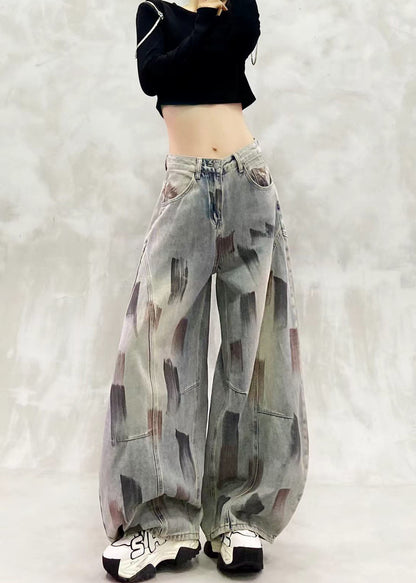 Loose Blue High Waist Paint Print Denim Curved Blade Pants Fall