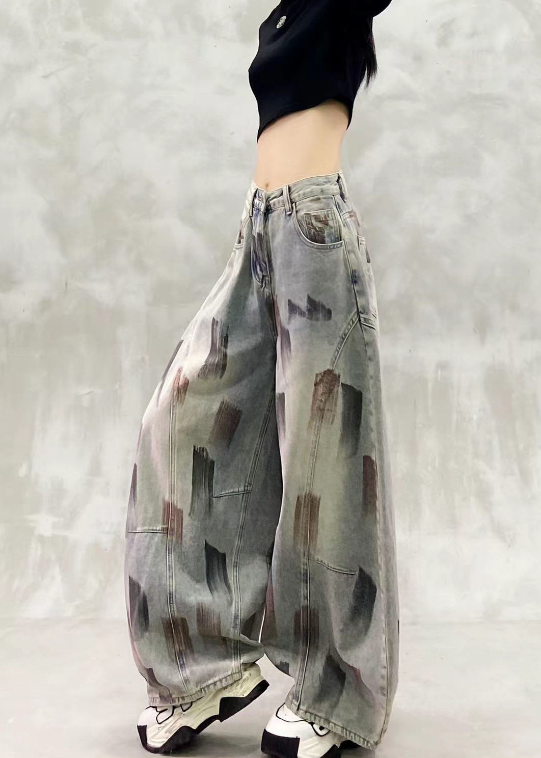 Loose Blue High Waist Paint Print Denim Curved Blade Pants Fall