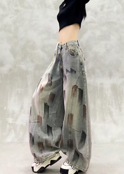 Loose Blue High Waist Paint Print Denim Curved Blade Pants Fall