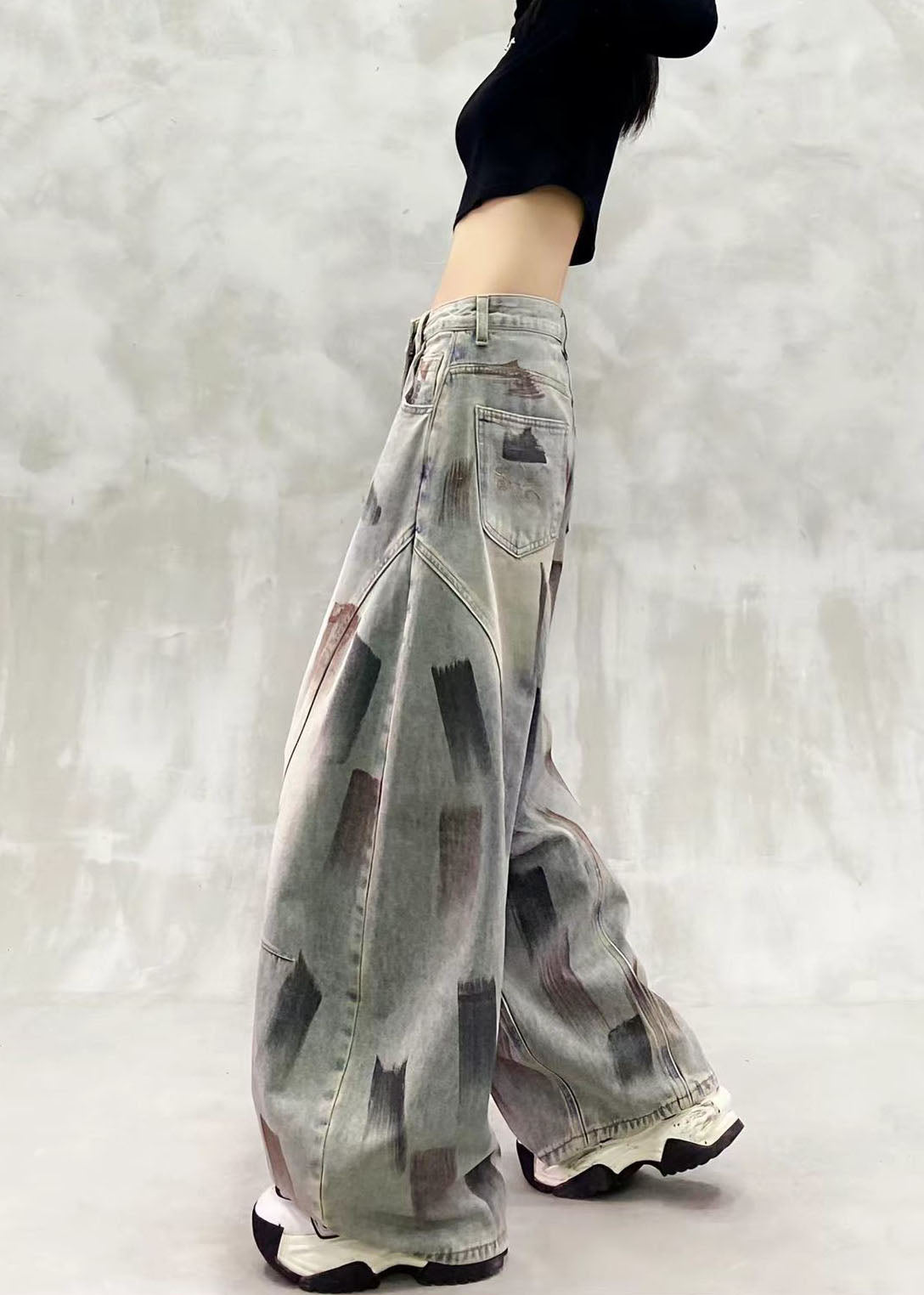 Loose Blue High Waist Paint Print Denim Curved Blade Pants Fall