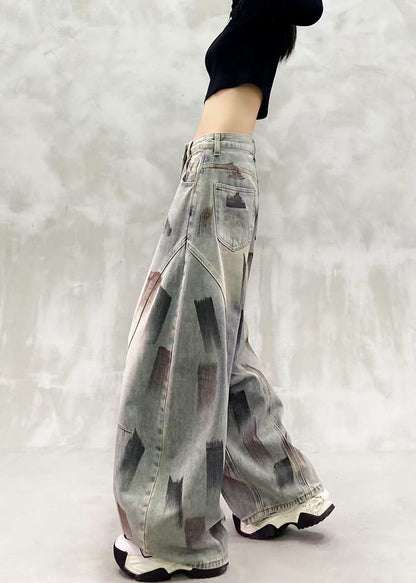 Loose Blue High Waist Paint Print Denim Curved Blade Pants Fall