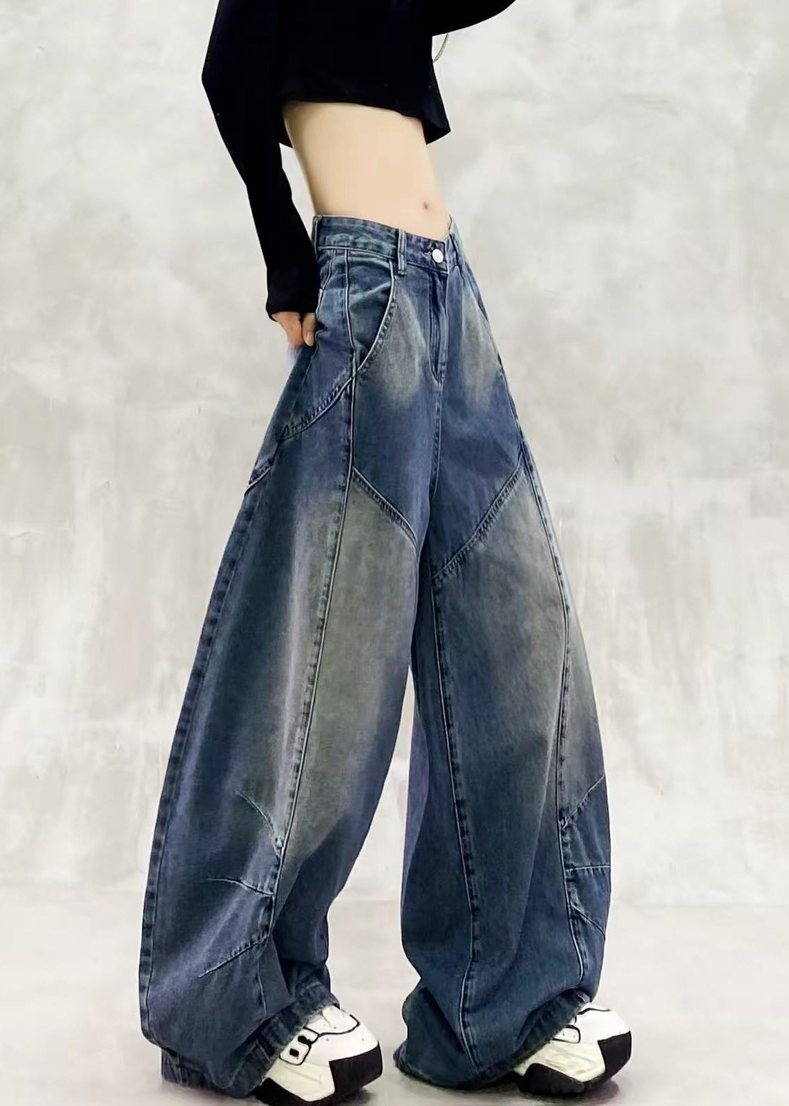 Loose Blue High Waist Patchwork Denim Curved Blade Pants Fall