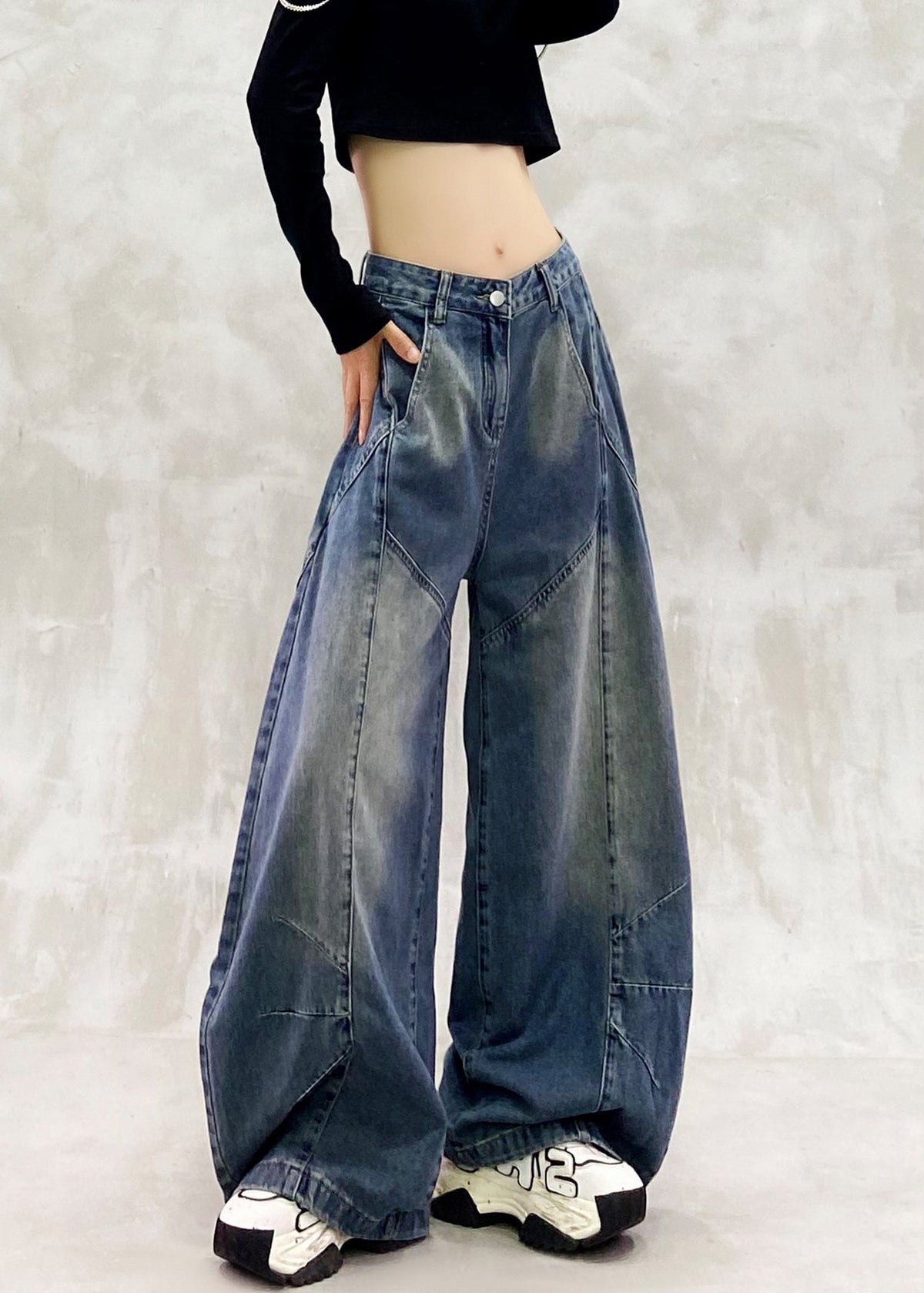Loose Blue High Waist Patchwork Denim Curved Blade Pants Fall