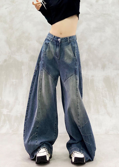 Loose Blue High Waist Patchwork Denim Curved Blade Pants Fall