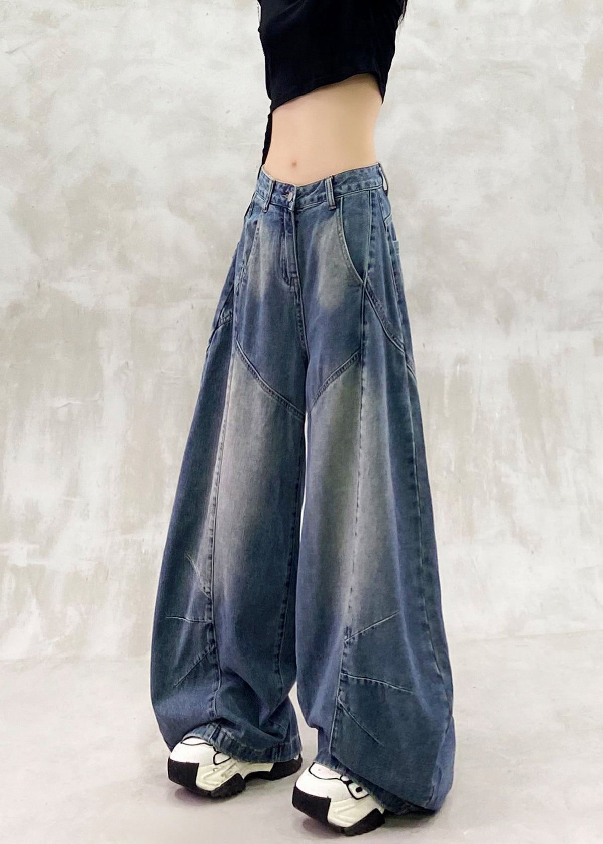 Loose Blue High Waist Patchwork Denim Curved Blade Pants Fall