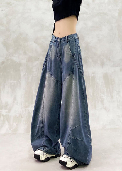 Loose Blue High Waist Patchwork Denim Curved Blade Pants Fall