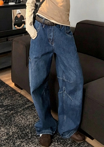 Loose Blue High Waist Patchwork Wide Leg Jeans
