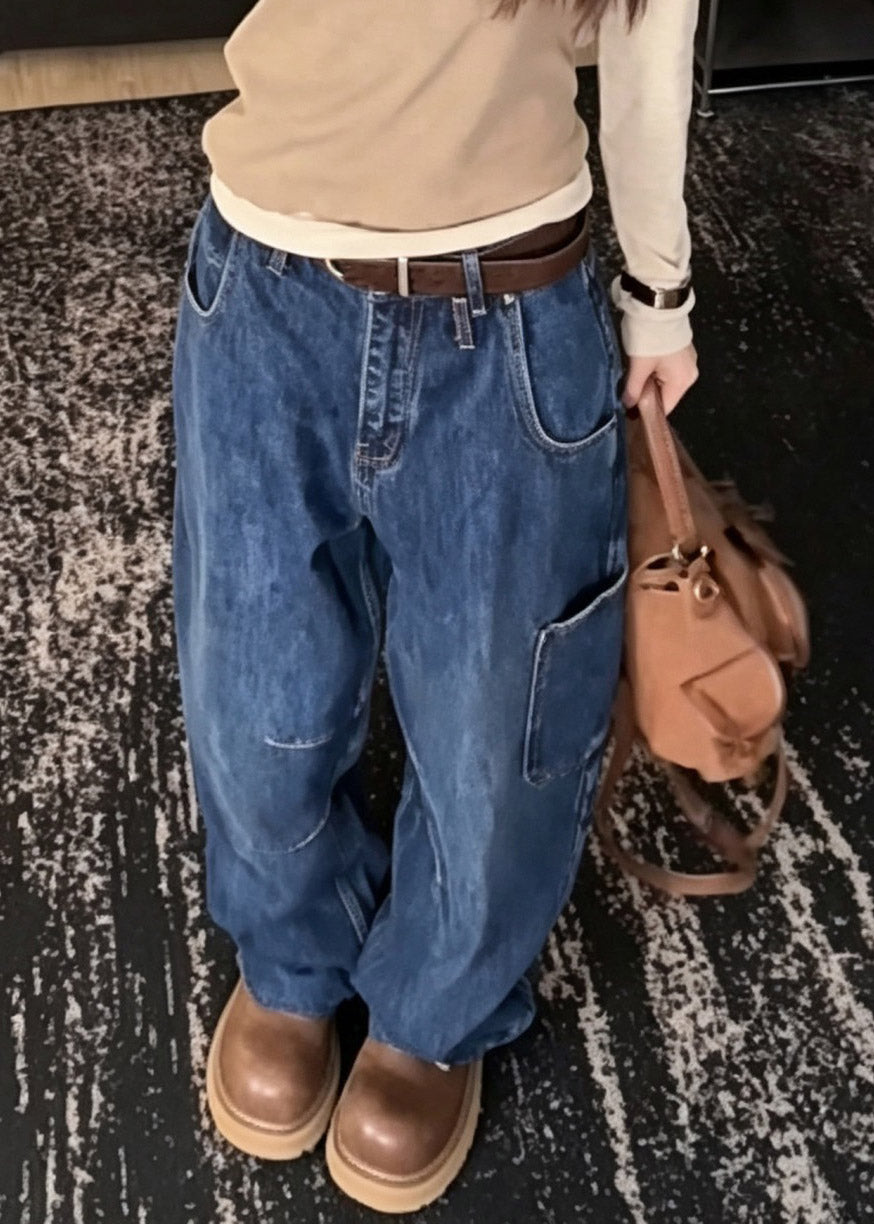 Loose Blue High Waist Patchwork Wide Leg Jeans
