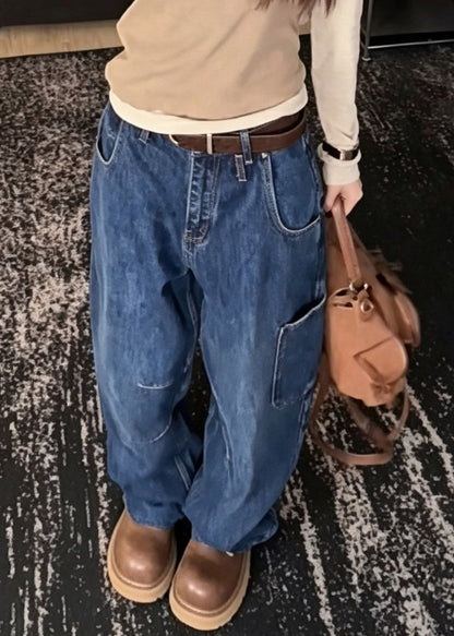 Loose Blue High Waist Patchwork Wide Leg Jeans