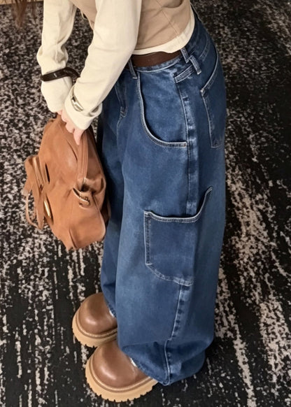 Loose Blue High Waist Patchwork Wide Leg Jeans