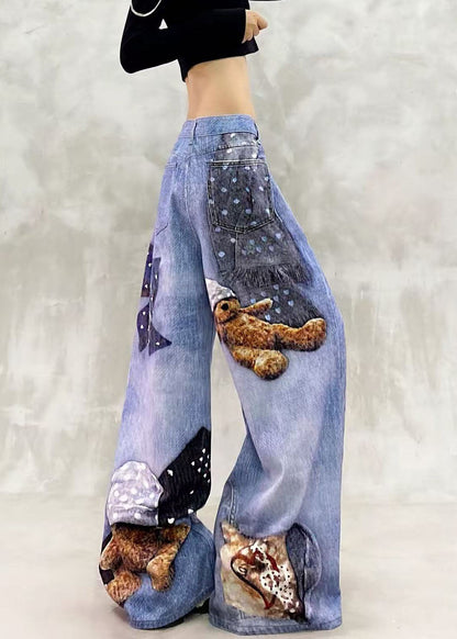 Loose Blue High Waist Print Draping Denim Wide Leg Pants Fall