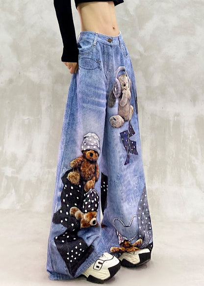 Loose Blue High Waist Print Draping Denim Wide Leg Pants Fall