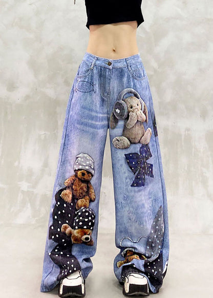 Loose Blue High Waist Print Draping Denim Wide Leg Pants Fall