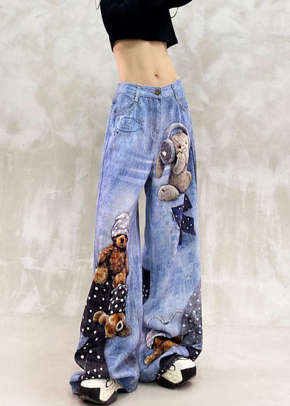 Loose Blue High Waist Print Draping Denim Wide Leg Pants Fall