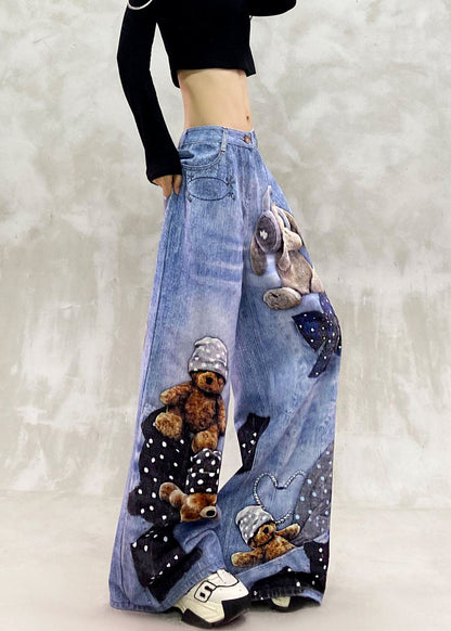 Loose Blue High Waist Print Draping Denim Wide Leg Pants Fall