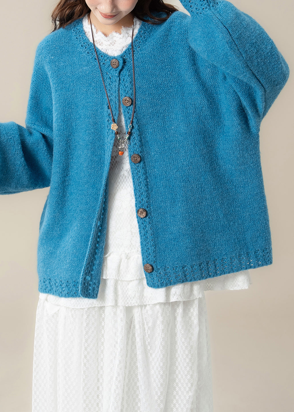 Loose Blue Hollow Out Button Cozy Knit Coats Spring