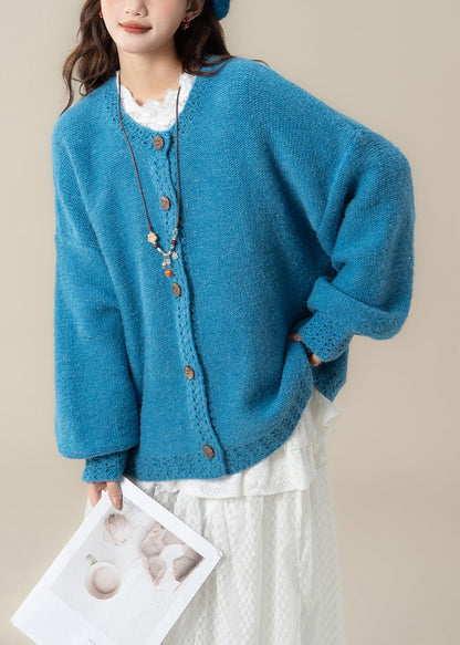 Loose Blue Hollow Out Button Cozy Knit Coats Spring