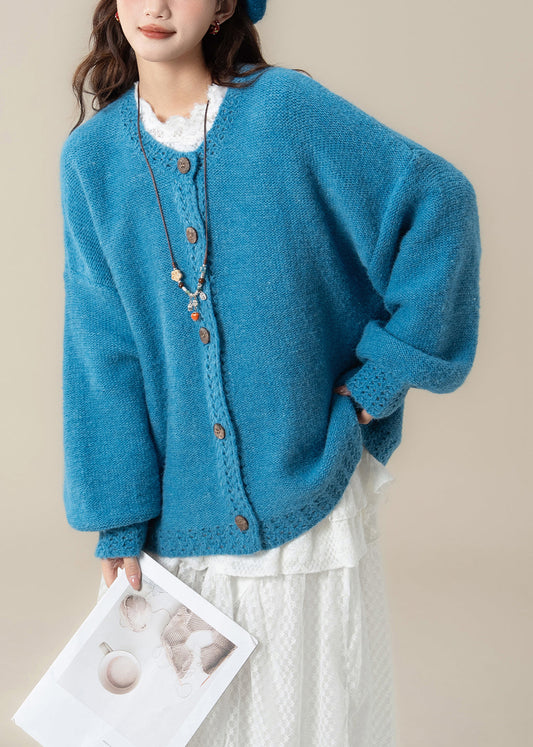 Loose Blue Hollow Out Button Cozy Knit Coats Spring