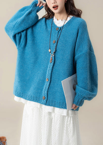 Loose Blue Hollow Out Button Cozy Knit Coats Spring